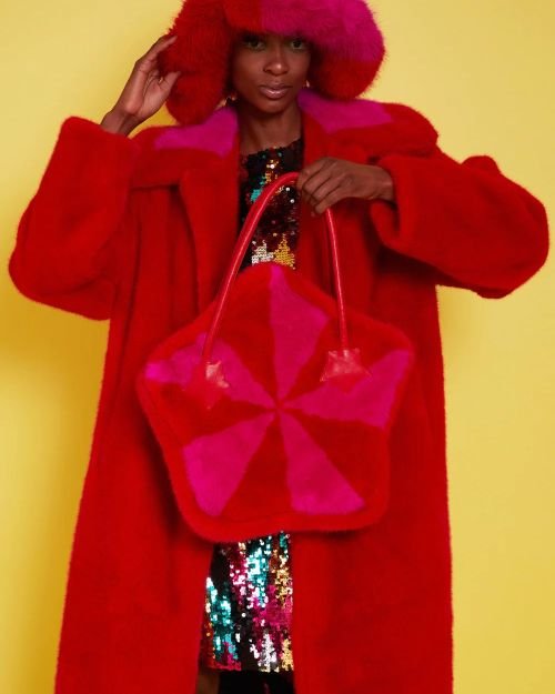 Bamboo Faux Fur Red Midi Coat with Pink Collar