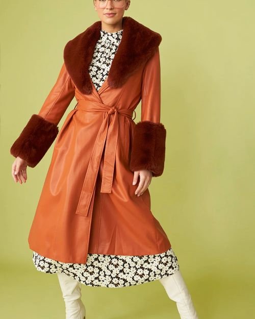 Chocolate Faux Leather Trench Coat with Faux Fur Collar and Cuffs
