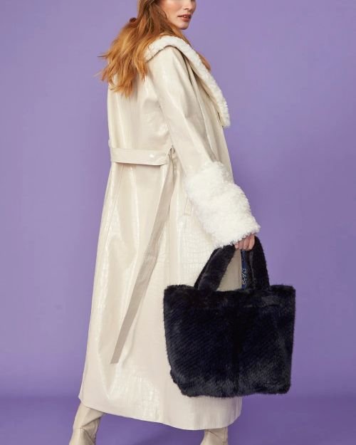 Cream Faux Leather Trench Coat with Detachable Faux Mongolian Collar and Cuffs
