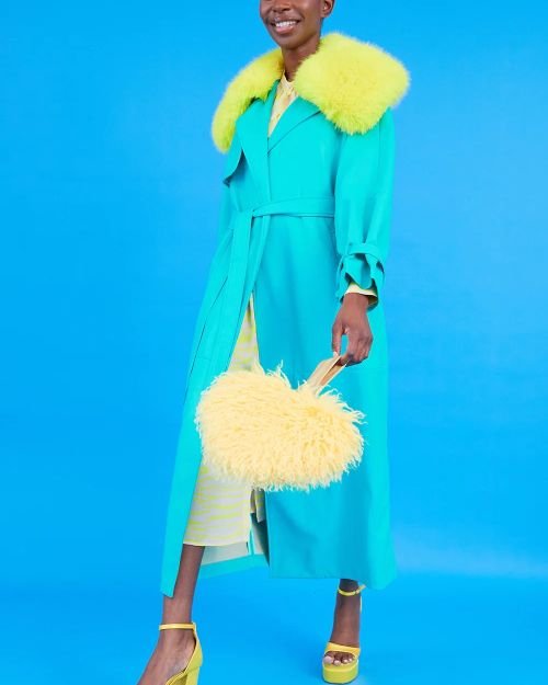 Blue Eco Leather Faux Fur Collar Trench Coat