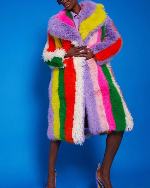Rainbow Faux Fur Hand Crafted Eco Bamboo Maxi Coat